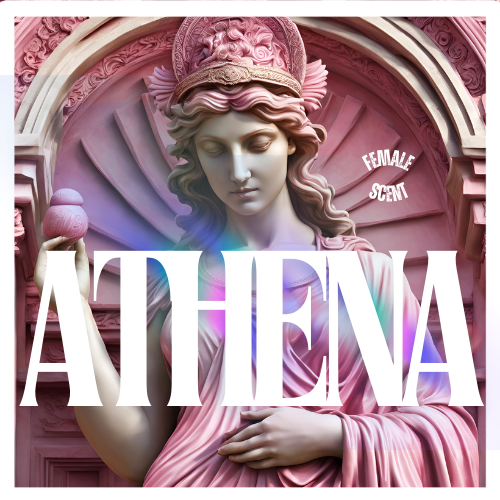 A Greek statue in pink, with a rainbow burst of colour that cuts across with the name ATHENA written in bold font across the screen.