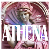 A Greek statue in pink, with a rainbow burst of colour that cuts across with the name ATHENA written in bold font across the screen.