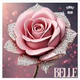 Baby pink rose with diamond leaves, on a sparkly pink and light purple background. The name Belle is written in bold, on the bottom right corner of the page.