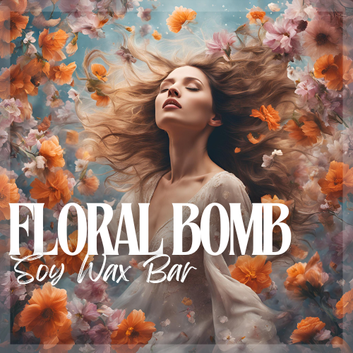 Woman standing with her eyes closed, and her hair is blowing all around her. It isn filled with an explosion of flowers