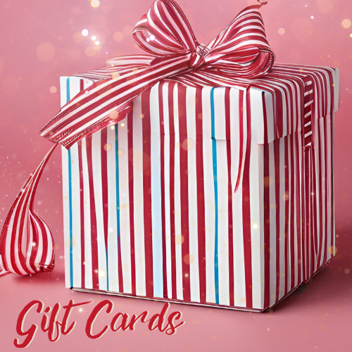 Pink sparkly background, with a large red and blue pin striped gift box with a big red pinstripe bow with "Gift Cards" written in red, positioned in the bottom left corner