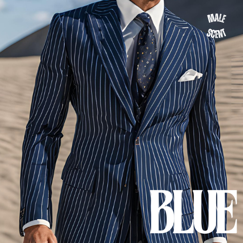 Man in a blue pinstriped suit, walking in the desert.