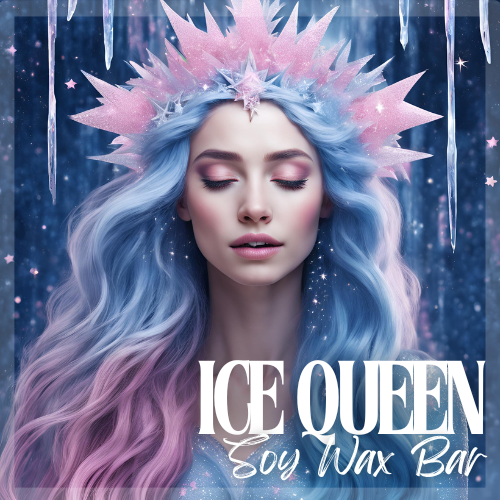 An ice s with Queen spiked ice crown stands with her blue and icy pink hair with icicles framed around her