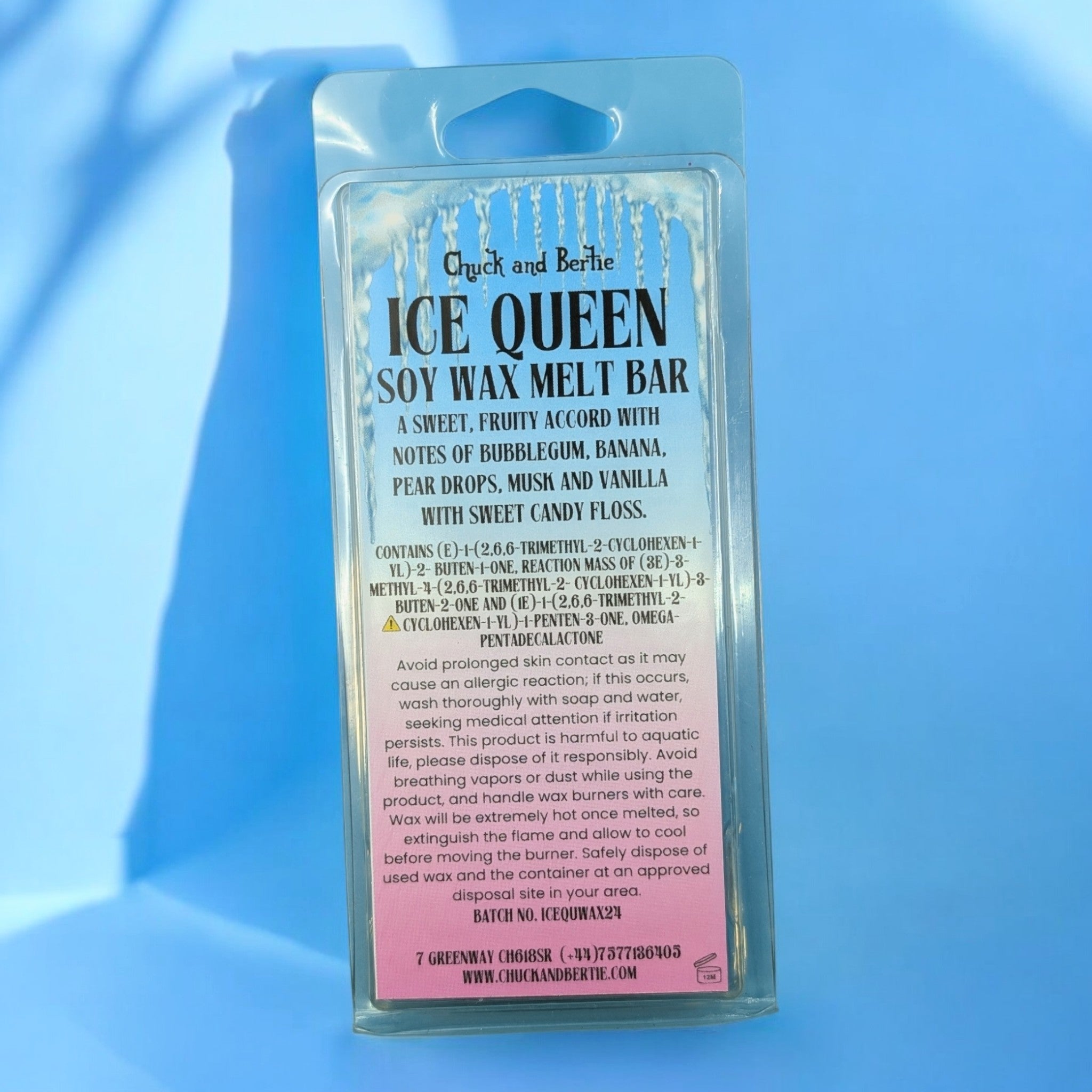The soy way melt in its packaging with a baby blue and baby pink sticker that has icicles on it