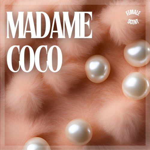 Fuzzy peach fabric with white pearls with the name MADAM COCO written in bold white font in the top left corner