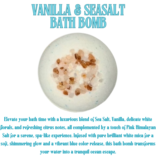 Round white bath bomb with crystals if Pink Himalayan salt on top.  Product is on a white background.